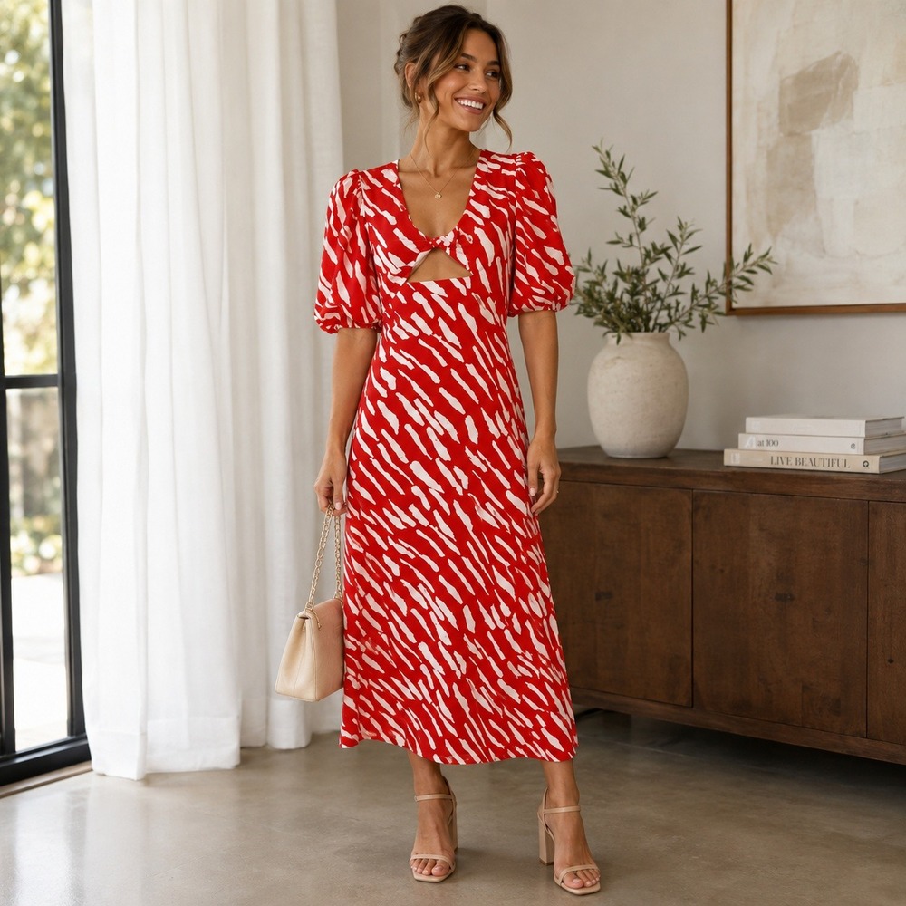 Commense Red Abstract Print Cut Out Midi Dress Puff Sleeve V-Neck Summer Size S
